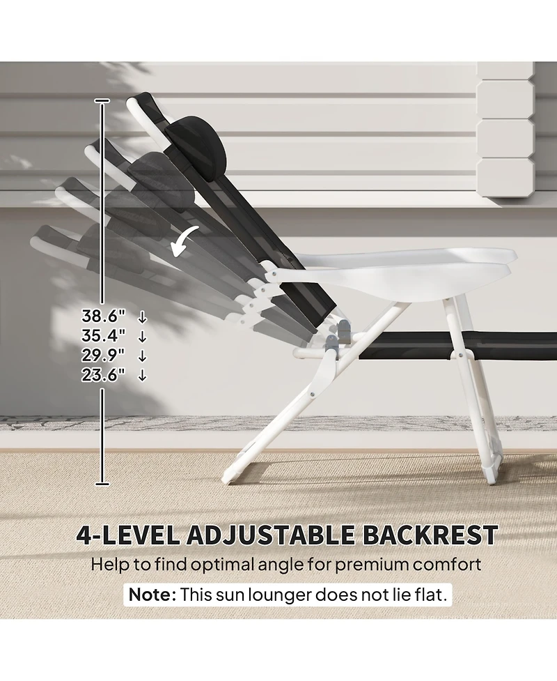 Outsunny Folding Chaise Lounge, Outdoor Sun Tanning Chair, Four-Position Reclining Back, Armrests, Iron Frame & Mesh Fabric for Beach, Yard, Patio, Bl