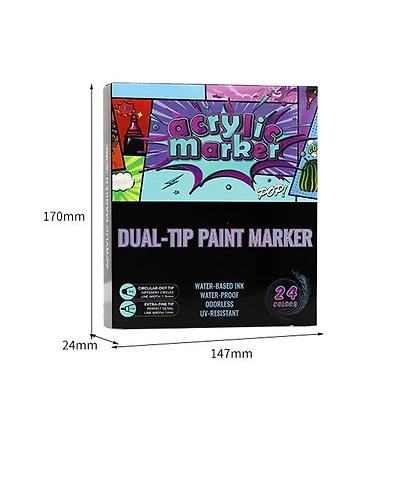 Htutwoo 24 Colors Double-Headed Acrylic Marker Pen, Dot & Fine Tip Premium Coloring Drawing Markers Set for Diy Crafts Making Art Supplies