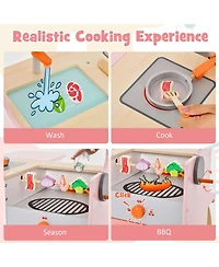 Skonyon Double-Sided Kids Play Kitchen Set with Canopy and 2 Seats