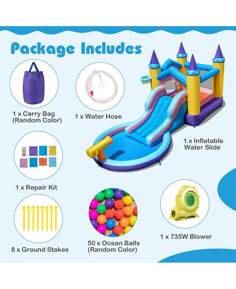 6-in-1 Inflatable Kids Water Park with 735W Blower