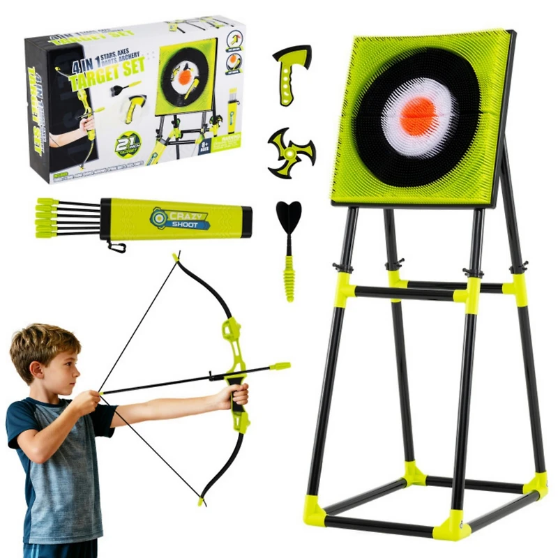 4-in-1 Throwing Target Game Set with Axes, Darts, Bow & Arrows for Kids and Adults