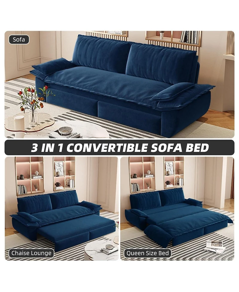 Maison Boucle 73.2" Queen Pull-Out Sofa Bed – 3-in-1 Convertible Velvet Sleeper with Chaise Lounge for Living or Guest Room