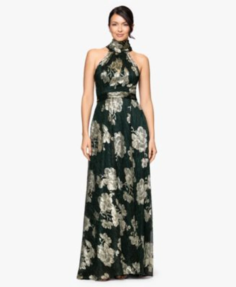 Betsy Adam Womens Crinkle Foil Halter Dress