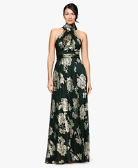 Betsy Adam Womens Crinkle Foil Halter Dress