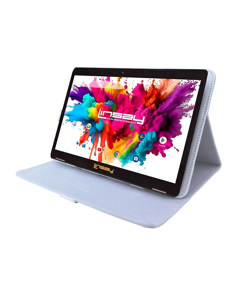 Linsay New 10.1" Tablet Octa Core 128GB Bundle with White Leather Case Newest Android 14