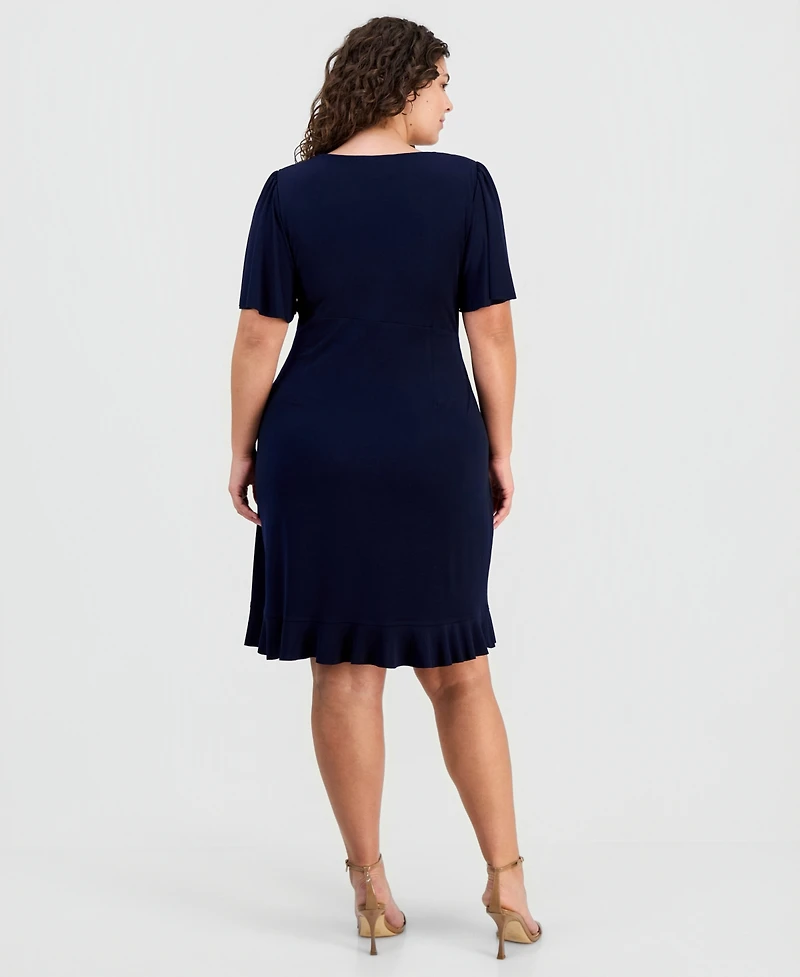 Connected Plus Round-Neck Drape-Front Flutter-Sleeve Dress