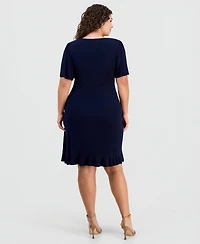 Connected Plus Round-Neck Drape-Front Flutter-Sleeve Dress