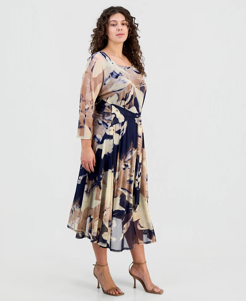 Robbie Bee Plus Size Printed Round-Neck Midi Mesh Dress
