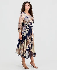 Robbie Bee Plus Size Printed Round-Neck Midi Mesh Dress