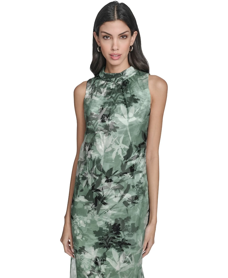 Vince Camuto Women's Printed Organza Overlay Mock Neck Midi Dress