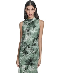 Vince Camuto Women's Printed Organza Overlay Mock Neck Midi Dress
