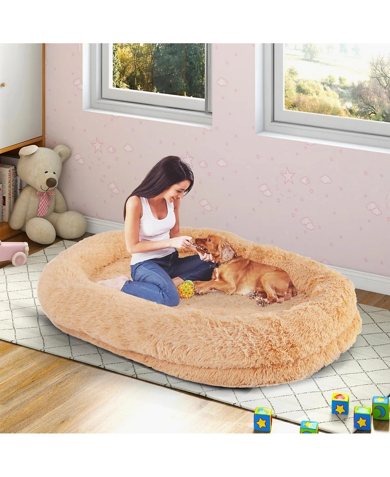 Sugift Washable Fluffy Human Dog Bed with Soft Blanket and Plump Pillow-Brown