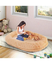 Sugift Washable Fluffy Human Dog Bed with Soft Blanket and Plump Pillow-Brown