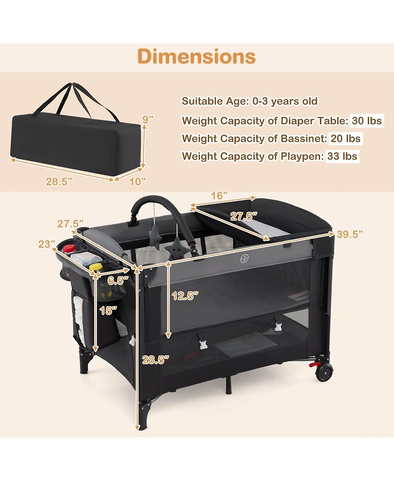 Costway Baby Bassinet Bedside Crib with Changing Table Mattress Detachable Canopy Basket