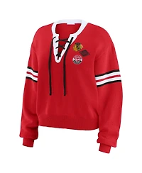 Wear by Erin Andrews Women's Red Chicago Blackhawks Cropped Lace-Up Sweater