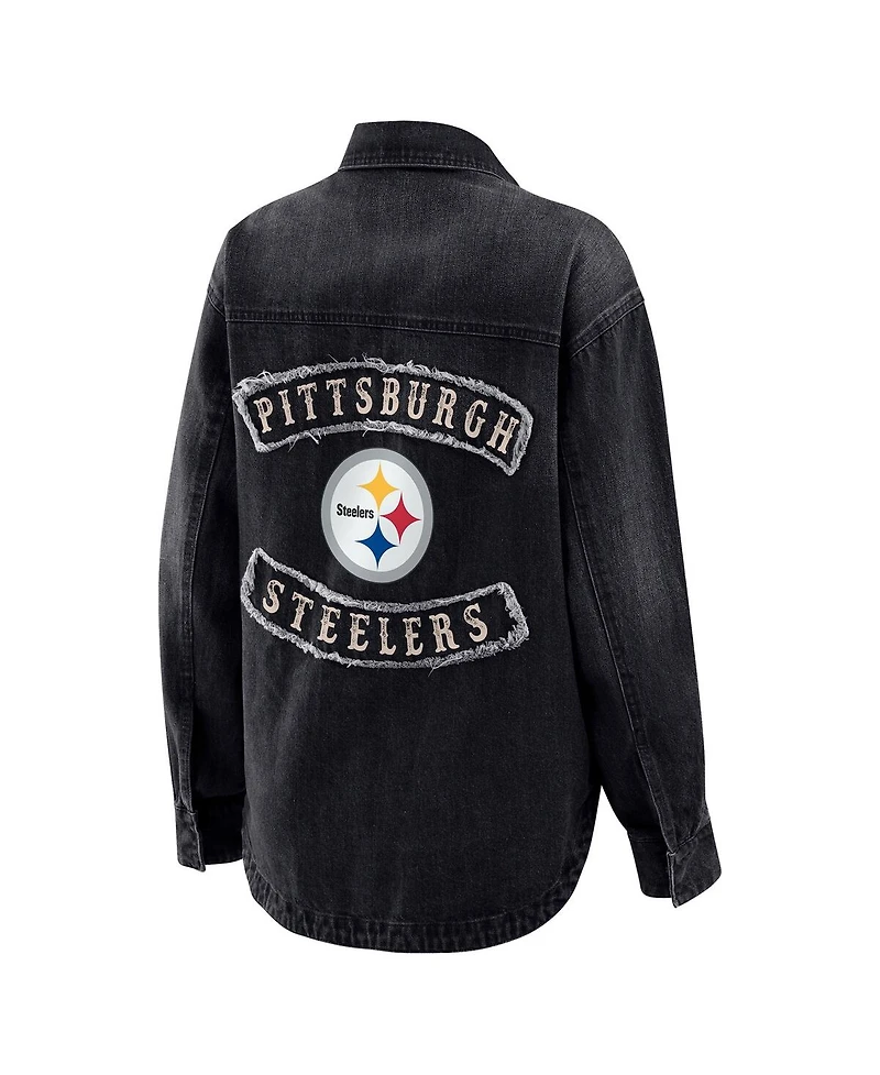 Wear by Erin Andrews Women's Black Pittsburgh Steelers Washed Oversized Denim Full-Snap Shacket