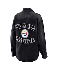 Wear by Erin Andrews Women's Black Pittsburgh Steelers Washed Oversized Denim Full-Snap Shacket