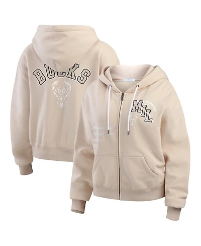 Wear by Erin Andrews Women's Cream Milwaukee Bucks Plus Tonal Felt Patch Full-Zip Hoodie