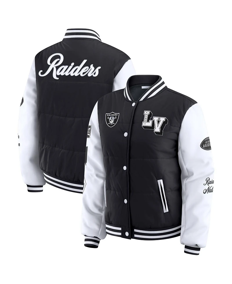 Wear by Erin Andrews Women's Black Las Vegas Raiders Varsity Full-Snap Puffer Jacket