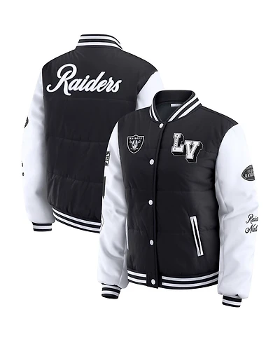 Wear by Erin Andrews Women's Black Las Vegas Raiders Varsity Full-Snap Puffer Jacket
