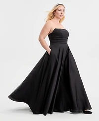 B Darlin Trendy Plus Strapless Pleated Gown