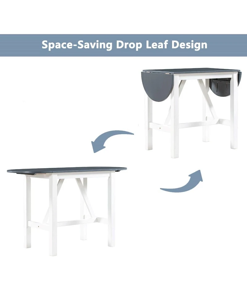 Maison Boucle 3-Piece Drop Leaf Counter Height Dining Set for Small Spaces, White and Navy Kitchen Table with 2 Upholstered Bar Chairs