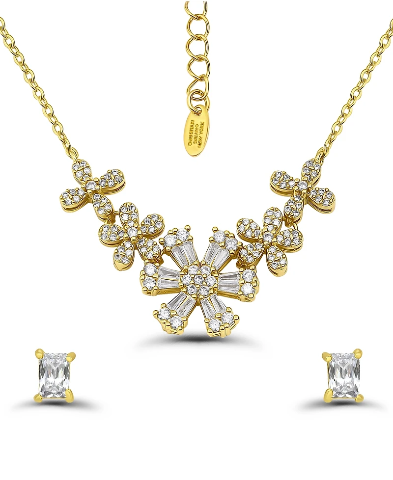 Christian Siriano New York Cubic Zirconia Baguette Round Cut Stones Floral Design Frontal Necklace and Earrings Set
