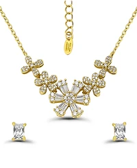 Christian Siriano New York Cubic Zirconia Baguette Round Cut Stones Floral Design Frontal Necklace and Earrings Set