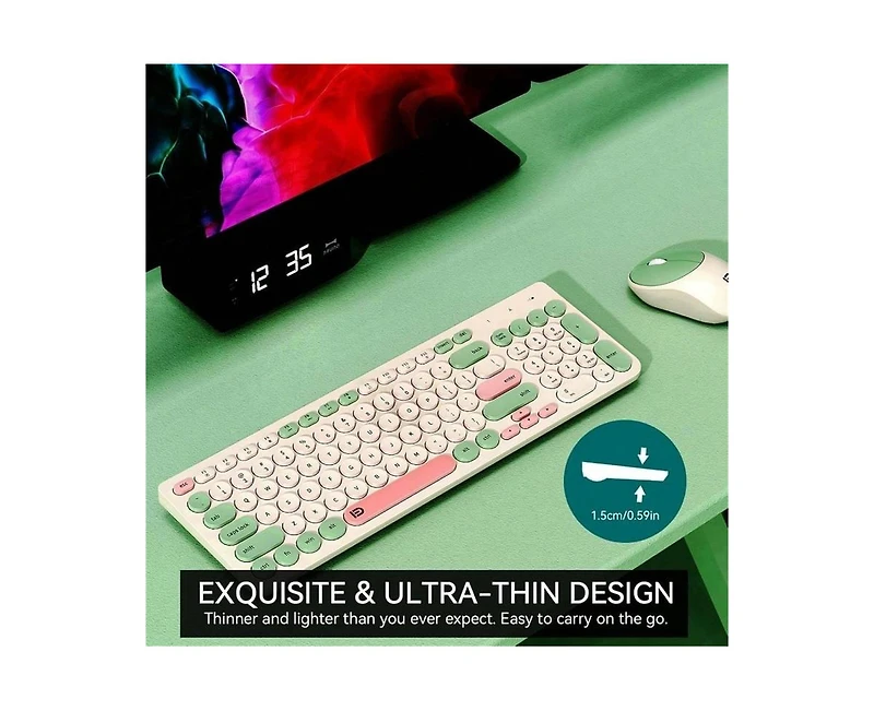 Risokeys Wireless Keyboard and Mouse Combo – 2.4GHz Cordless, Quiet Slim Set with Cute Round Keys for Laptop, Computer, Tv