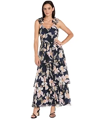 R & M Richards Women's Long Tiered Ruffled Shoulder Maxi Dress