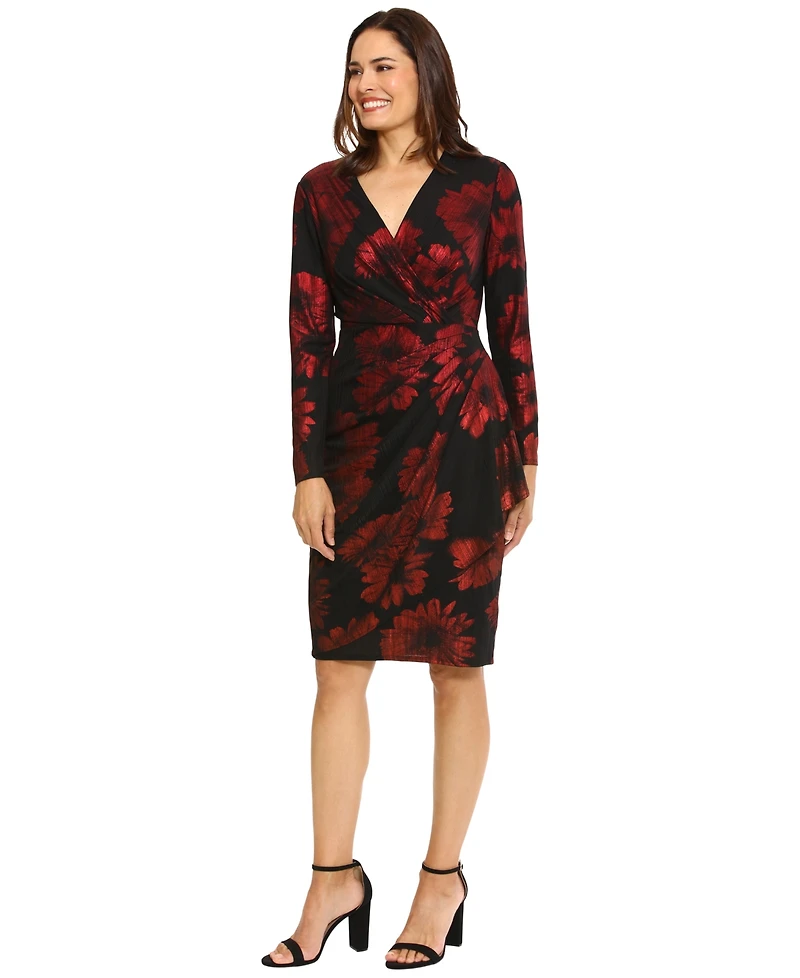 London Times Petite Foil-Floral Cascade Sheath Dress