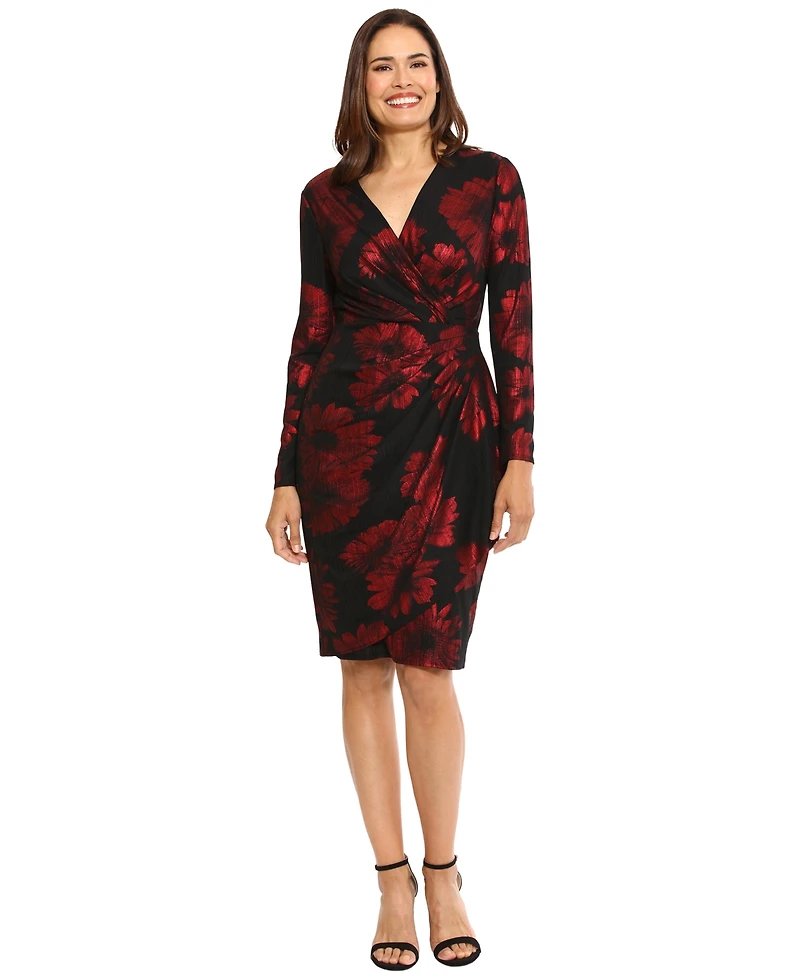 London Times Petite Foil-Floral Cascade Sheath Dress