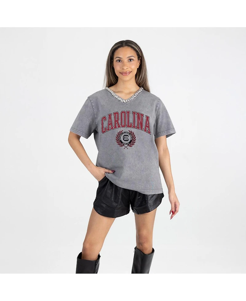 Gameday Couture Women's Gray South Carolina Gamecocks Iconic Edge Rhinestone V-Neck T-Shirt