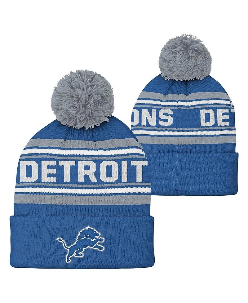 Outerstuff Big Boys and Girls Blue Detroit Lions Jacquard Cuffed Knit with Pom Hat