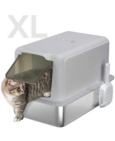 PawHut 2 in 1 Stainless Steel Cat Litter Box with Removable Lid,