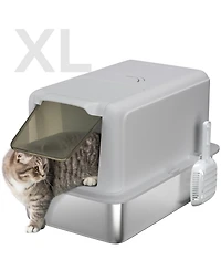 PawHut 2 in 1 Stainless Steel Cat Litter Box with Removable Lid,