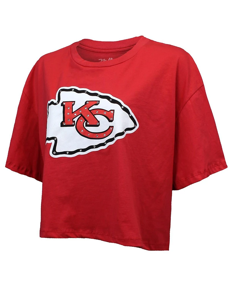 Majestic Threads Women's Patrick Mahomes Red Kansas City Chiefs Swarovski Crystals Boxy Cropped Name Number T-Shirt