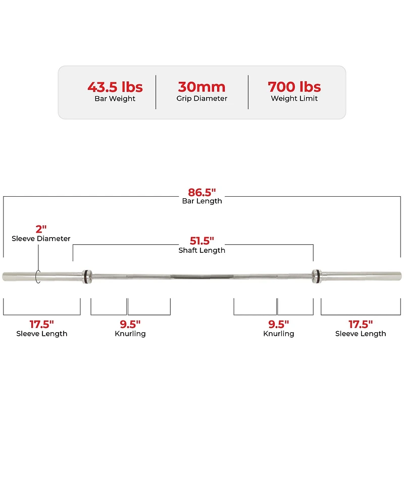 Sunny Health & Fitness 86” (7 ft) Olympic Barbell Bar with 30mm shaft diameter