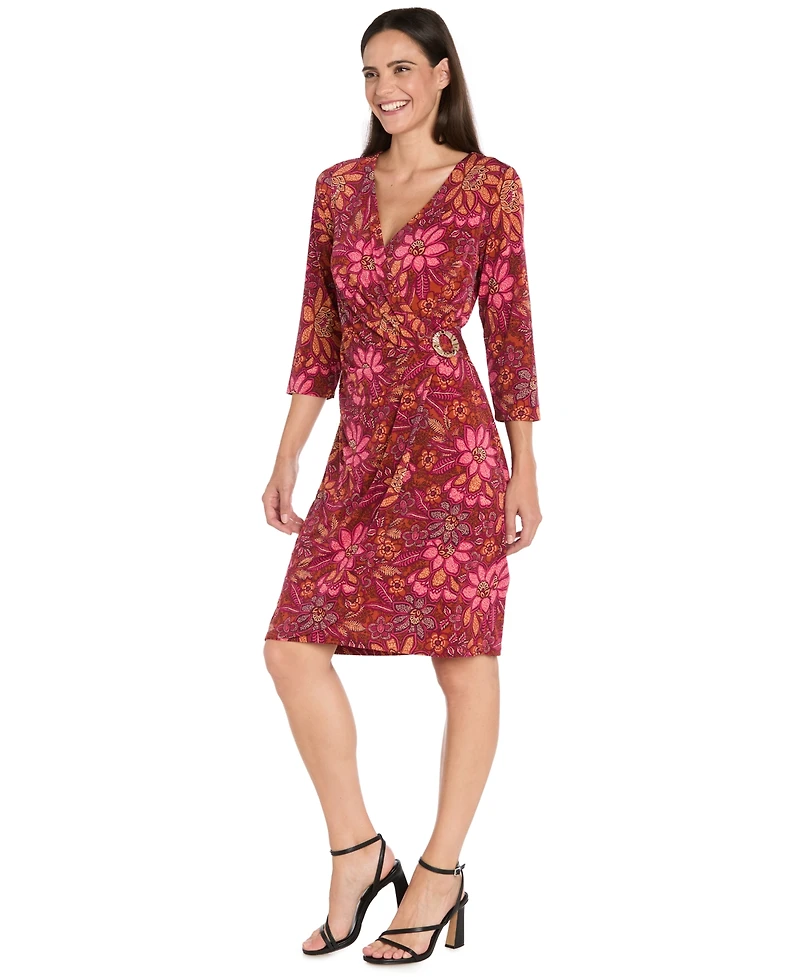 R & M Richards Women's Printed Faux Wrap 3/4-Sleeve Dress