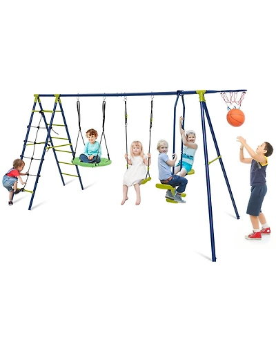 Skonyon 550 Lbs 6-in-1 Patio Kids Swing Set with Climbing Net and Ladder