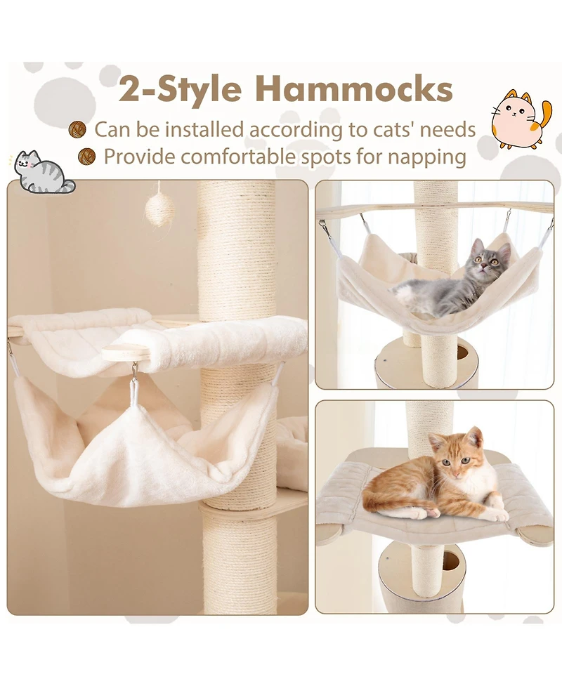 Skonyon 74 Inches Tall Wooden Cat Tower Tree with 2-Story Cat Condo and Washable Cushions