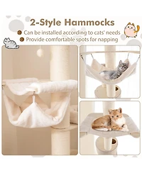 Skonyon 74 Inches Tall Wooden Cat Tower Tree with 2-Story Cat Condo and Washable Cushions