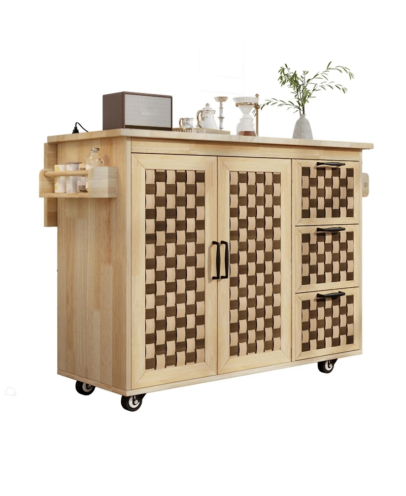 Casainc 53.2" 3D Woven Checkerboard Kitchen Island with Drop Leaf, Rolling Cart, Power Outlet, 3 Drawers and 2 Cabinets