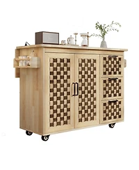 Casainc 53.2" 3D Woven Checkerboard Kitchen Island with Drop Leaf, Rolling Cart, Power Outlet, 3 Drawers and 2 Cabinets