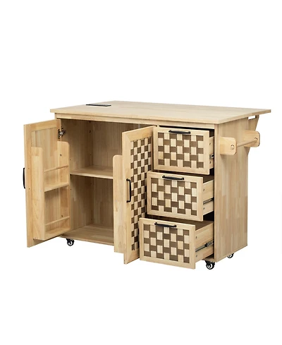 Casainc 53.2" 3D Woven Checkerboard Kitchen Island with Drop Leaf, Rolling Cart, Power Outlet, 3 Drawers and 2 Cabinets