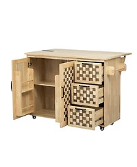 Casainc 53.2" 3D Woven Checkerboard Kitchen Island with Drop Leaf, Rolling Cart, Power Outlet, 3 Drawers and 2 Cabinets