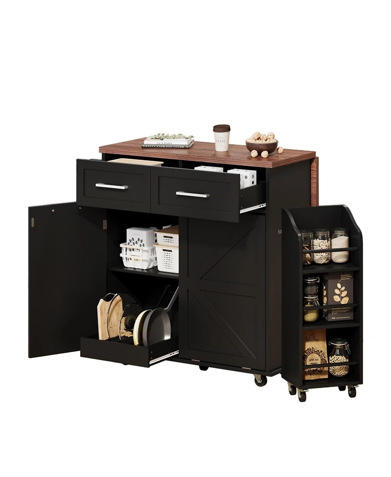 Casainc 47.2" Mdf Drop Leaf, Side Racks, Drawers, Towel Rack & Wheels Farmhouse Kitchen Island