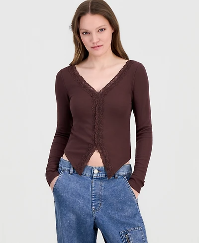 Derek Heart Juniors' Lace-Trim Long-Sleeve Ribbed Top