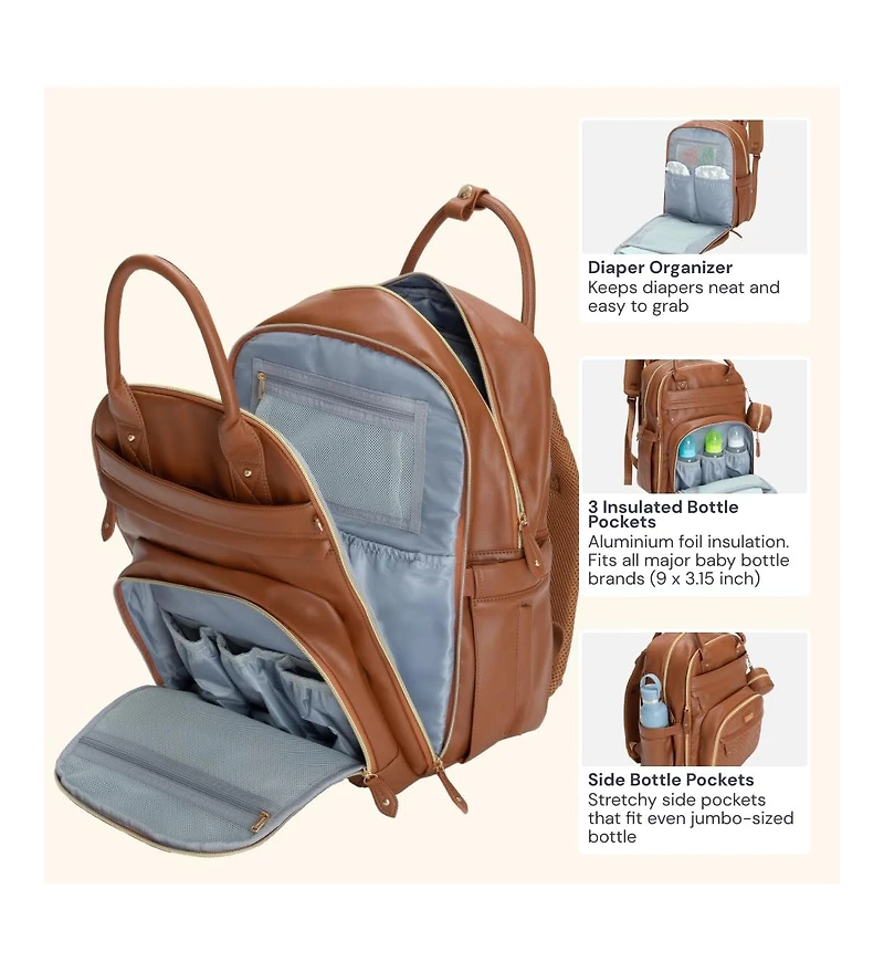 BabbleRoo Kids Diaper Bag Backpack, Spacious & Stylish Leather Faux Changing Pad, Brown