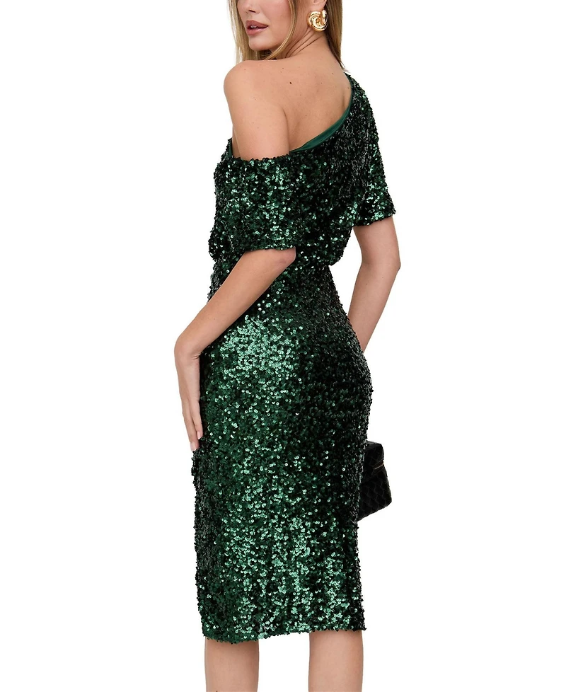 Lily and Lionel London Women's Nola Asymmetric Off Shoulder Sequins Midi Dress